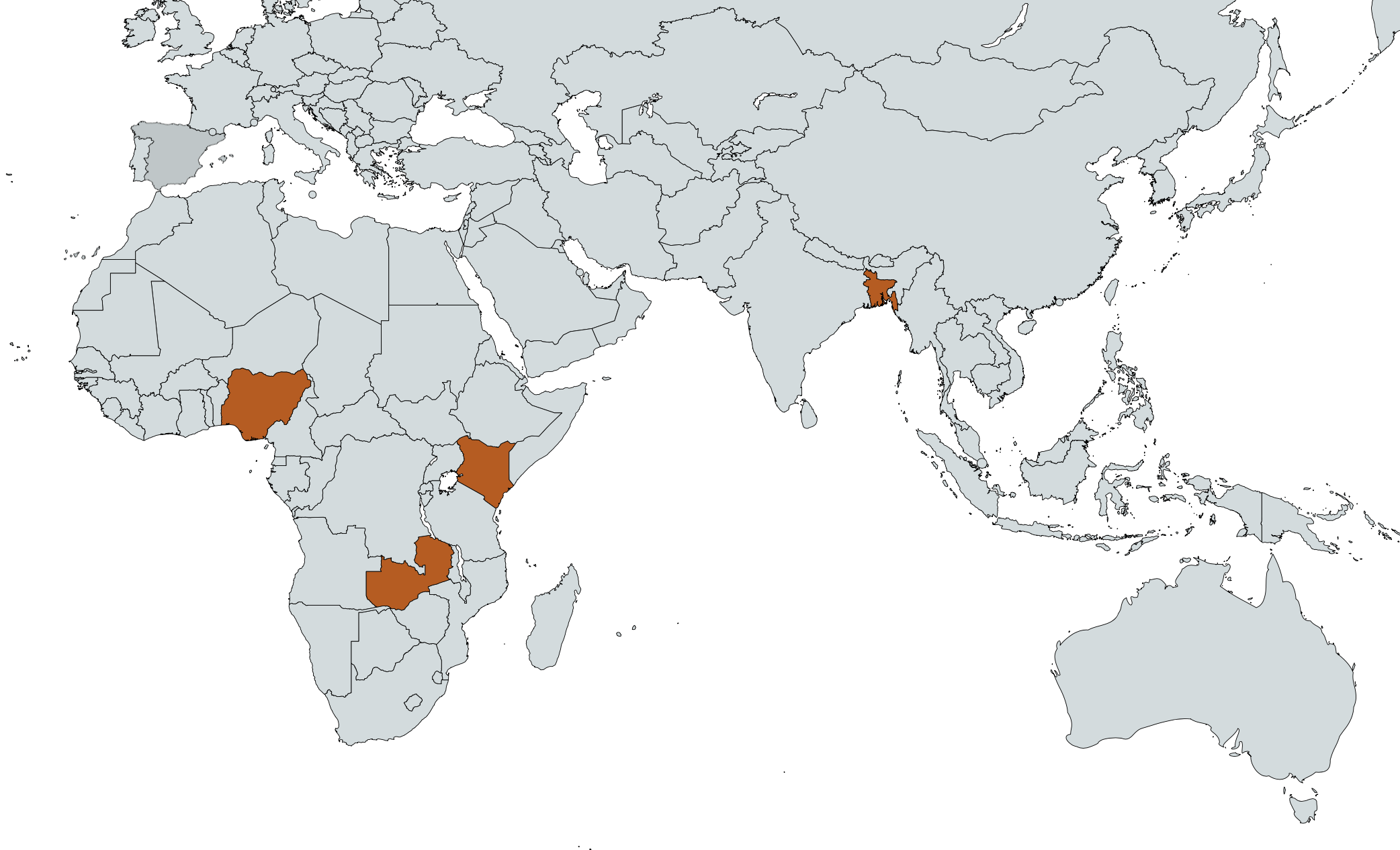 World map with the following countries highlighted in orange: Bangladesh, Kenya, Nigeria, and Zambia.